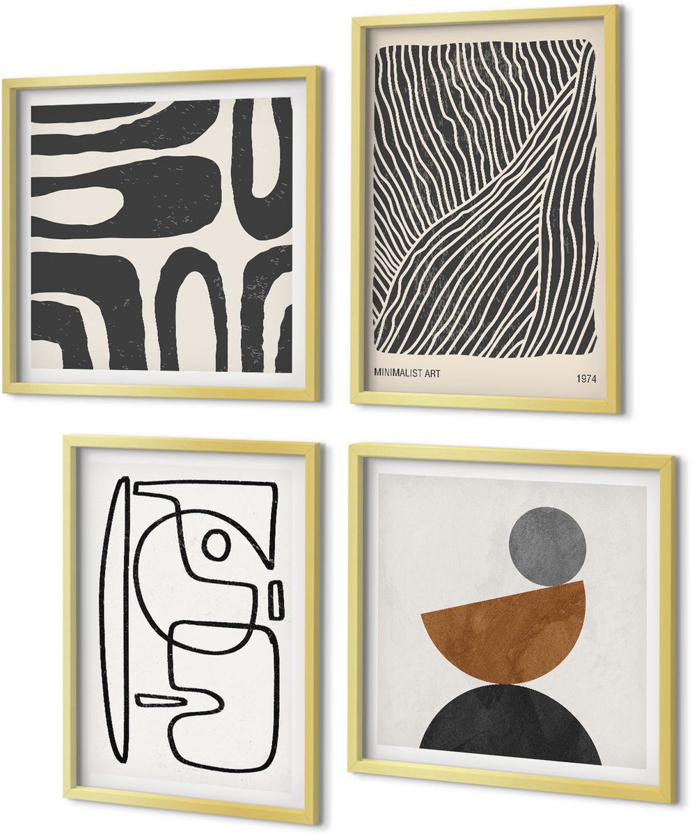 Coloray 4-Delige Schilderij Set - Abstracte patronen met lijnen en texturen op een lichte achtergrond. - 40 x 40 cm en 40 x 60 cm - Moderne Wanddecoratie - Slaapkamer - Muurdecoratie