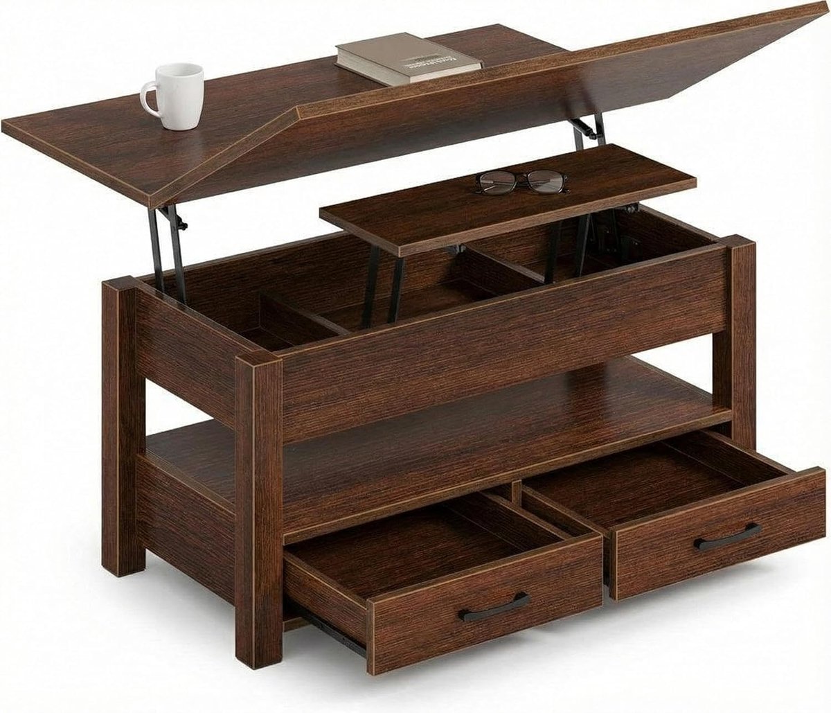 Convertibele salontafel met opklapbaar blad-Gesplitst blad met 180° draaifunctie en in hoogte verstelbare hoogte - Opbergruimte met 2 lades + verborgen vak-voor woonkamer, eettafel/kantoor - Antiek walnoot
