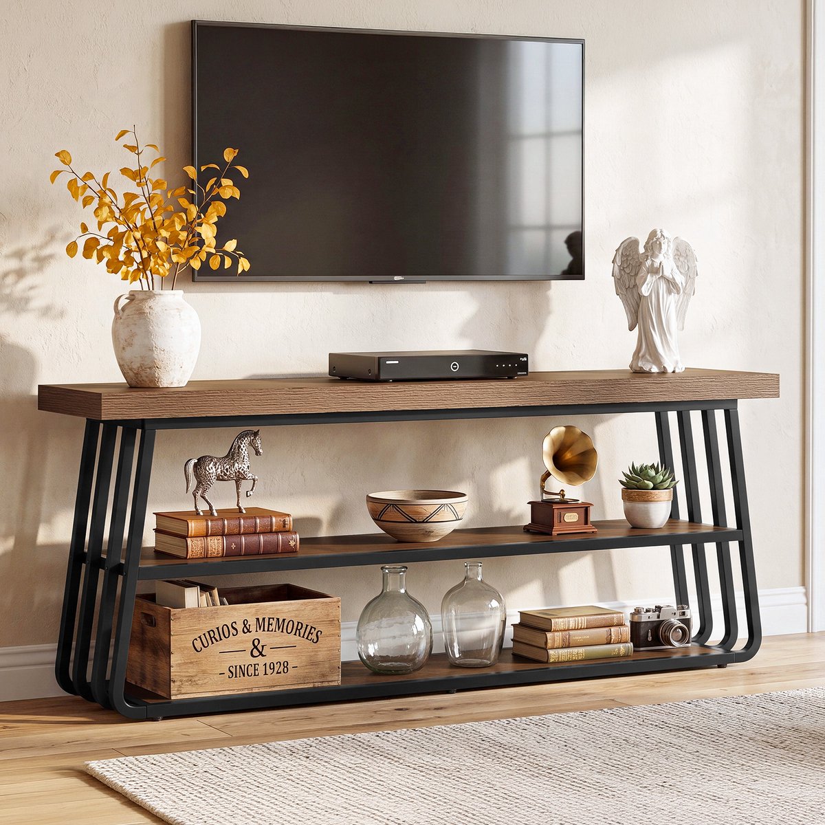 Tribesigns TV-Meubel - 160 x 35 x 65 cm - 3-laags TV-Standaard met Opbergruimte - TV-Kast voor Televisies tot 65 inch - Bruin