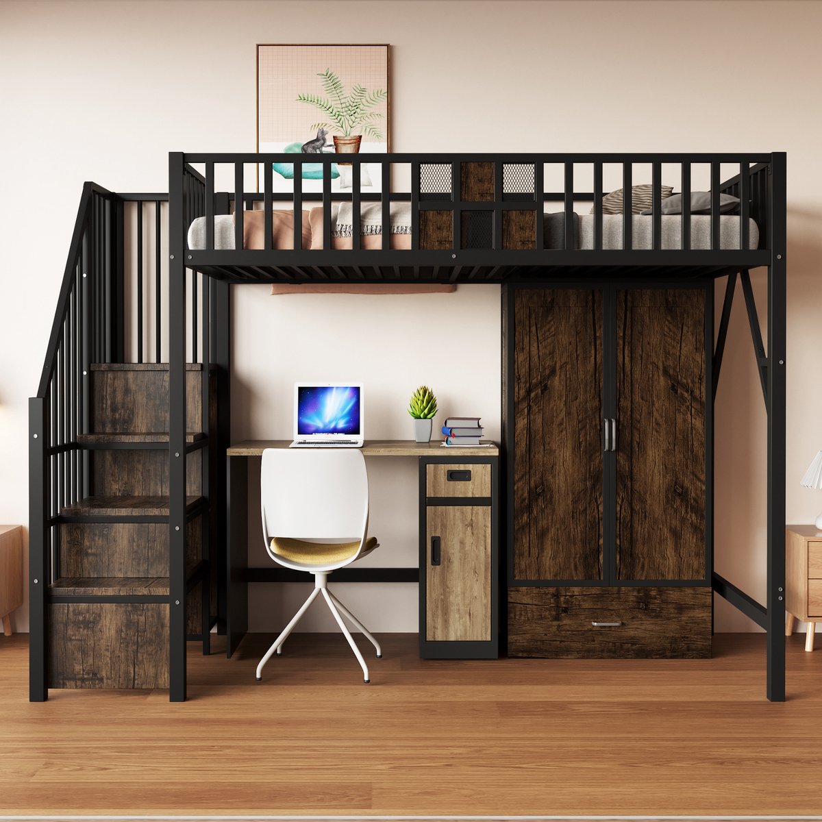 Hoogslaper - 90 x 200 cm - 1-persoons - met kledingkast - met opbergruimte - met ladder - Zwart