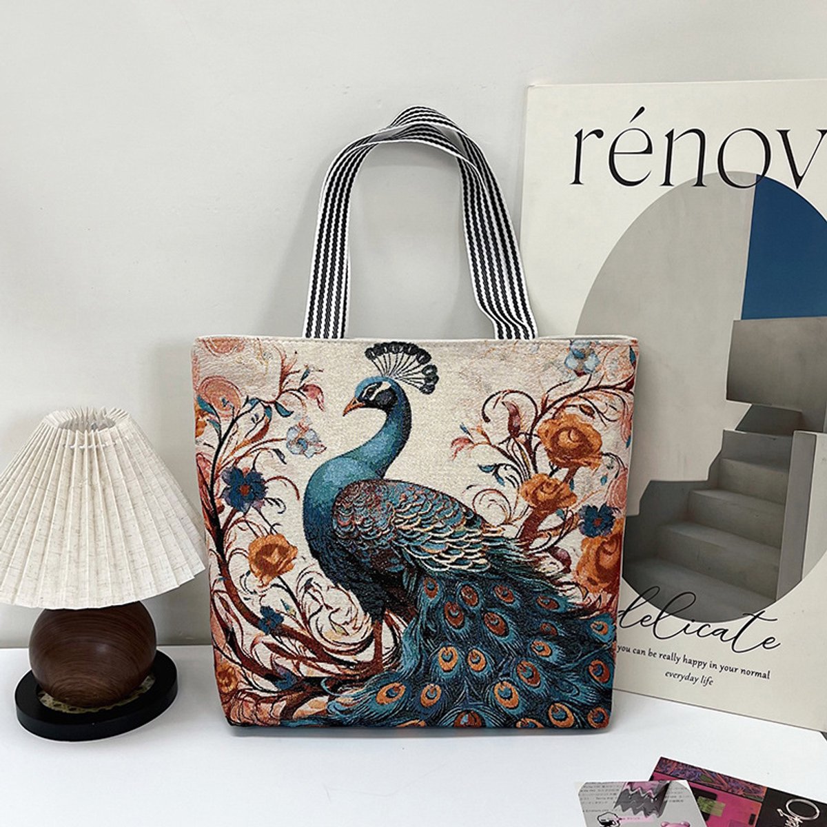 Canvas dames tote tas - 3D geborduurde vlinders - groot formaat - afmetingen 44 x 37 x 9 cm-Pauw met kroon
