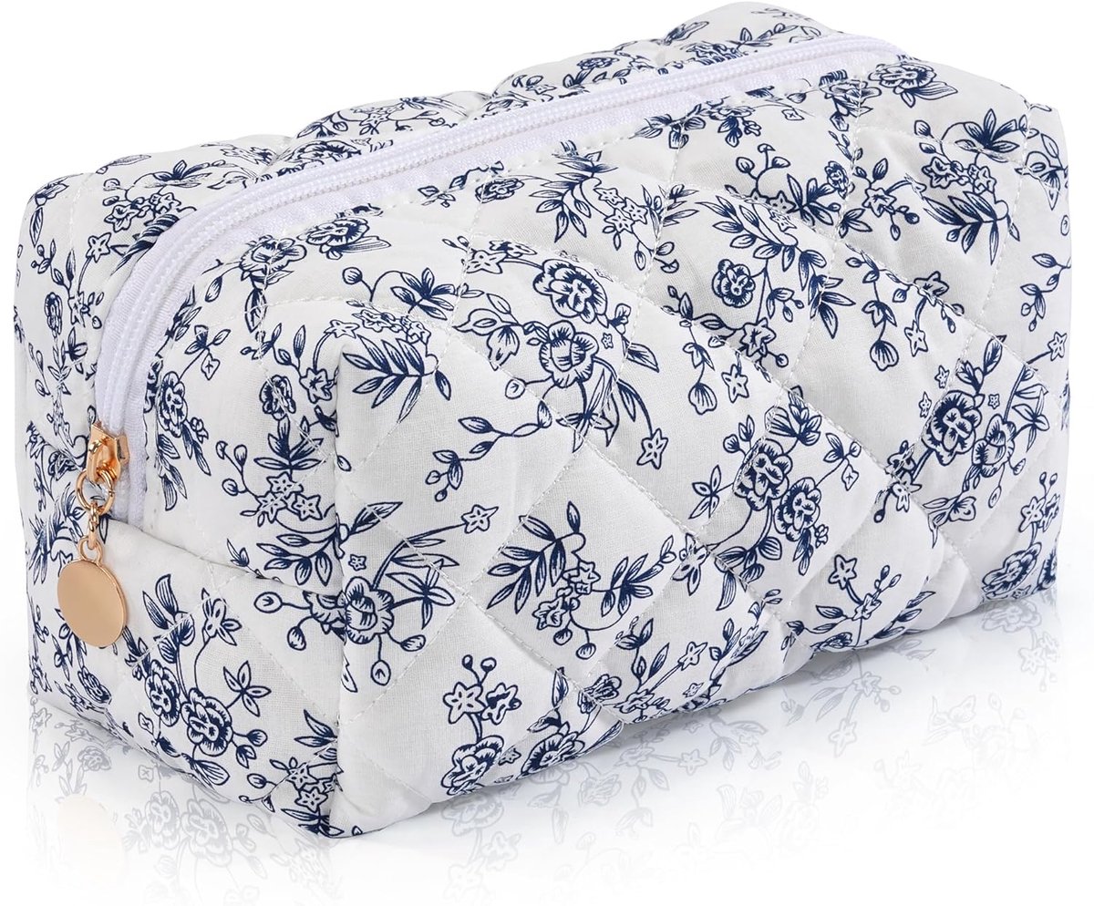 Make-uptasje, reistasje voor dames, kleine cosmetische tasjes, esthetische organizer, gewatteerd katoenen make-uptasje, noodtasje, bloemenprint etui, accessoiretasje, vintage blauw
