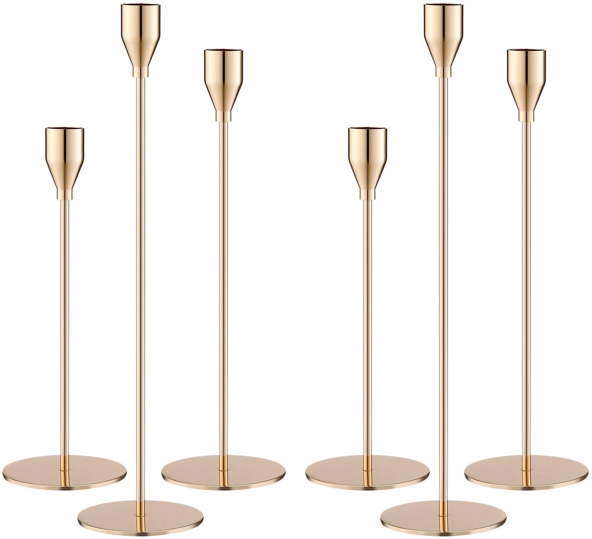 Famanu Set van 6 gouden kandelaars, conische kaarsen in 33/29/23 cm, metalen kegelvormige kandelaar voor vintage decoratie, ideaal voor romantische diners