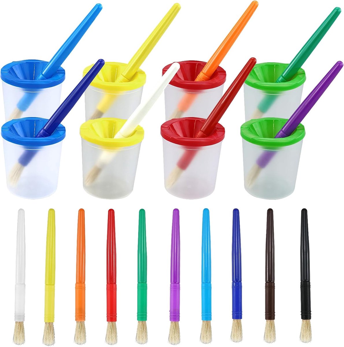 18pcs paint brushes in 10 colors and 8pcs assorted colored spill proof paint cups, non-spilled water cup mixing paint - ShopVlot
