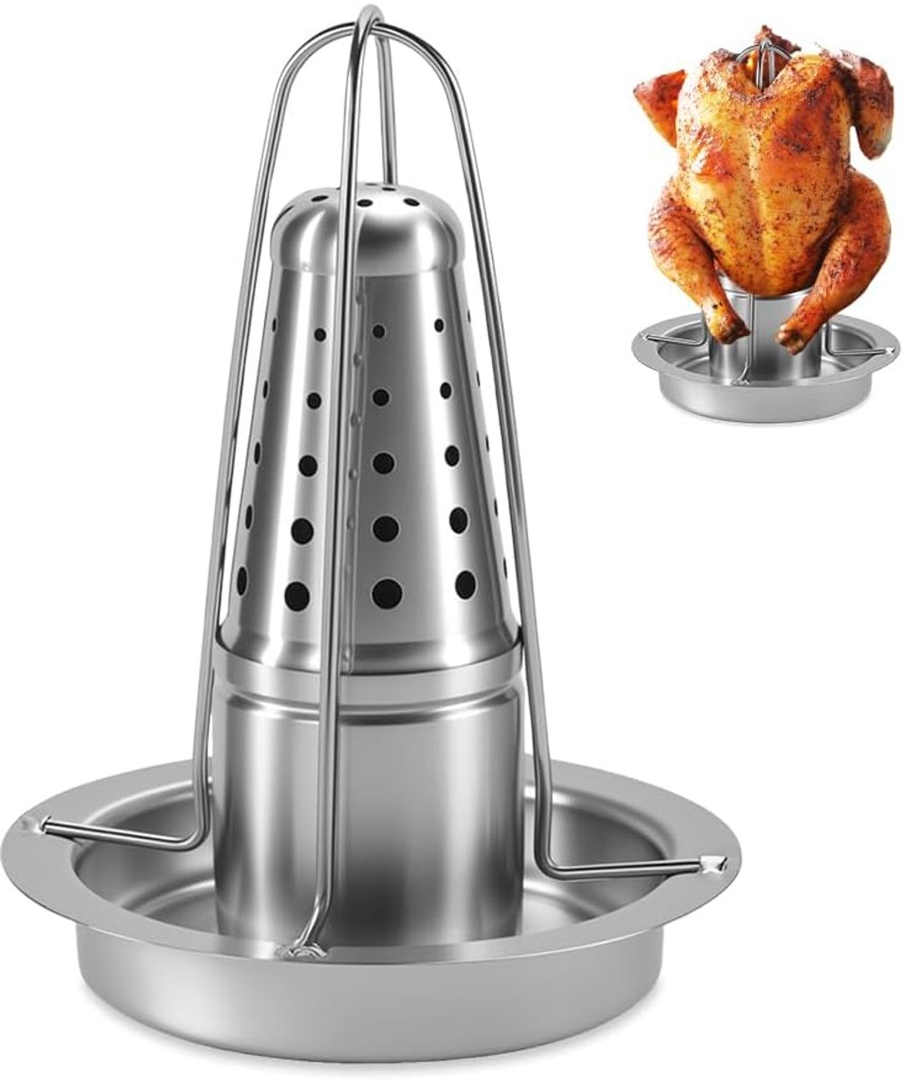 BBQ Chicken Holder Stainless Steel Chicken Grill with Tray, Pollos Swivel Skewer Baking Tray Cooking Stand, Roasting - ShopVlot