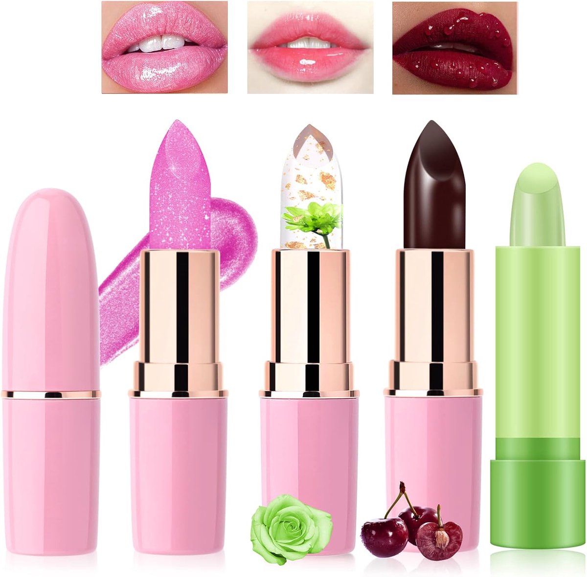 4 stuks aloë vera lippenstift glitter bloemen rood set temperatuurgevoelige kleurveranderende lipgloss 24 uur - ShopVlot
