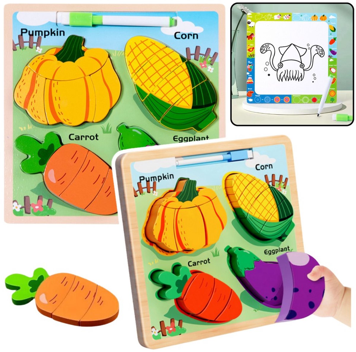 Houten Puzzel 2-in-1 met Groenten & Tekenbord
