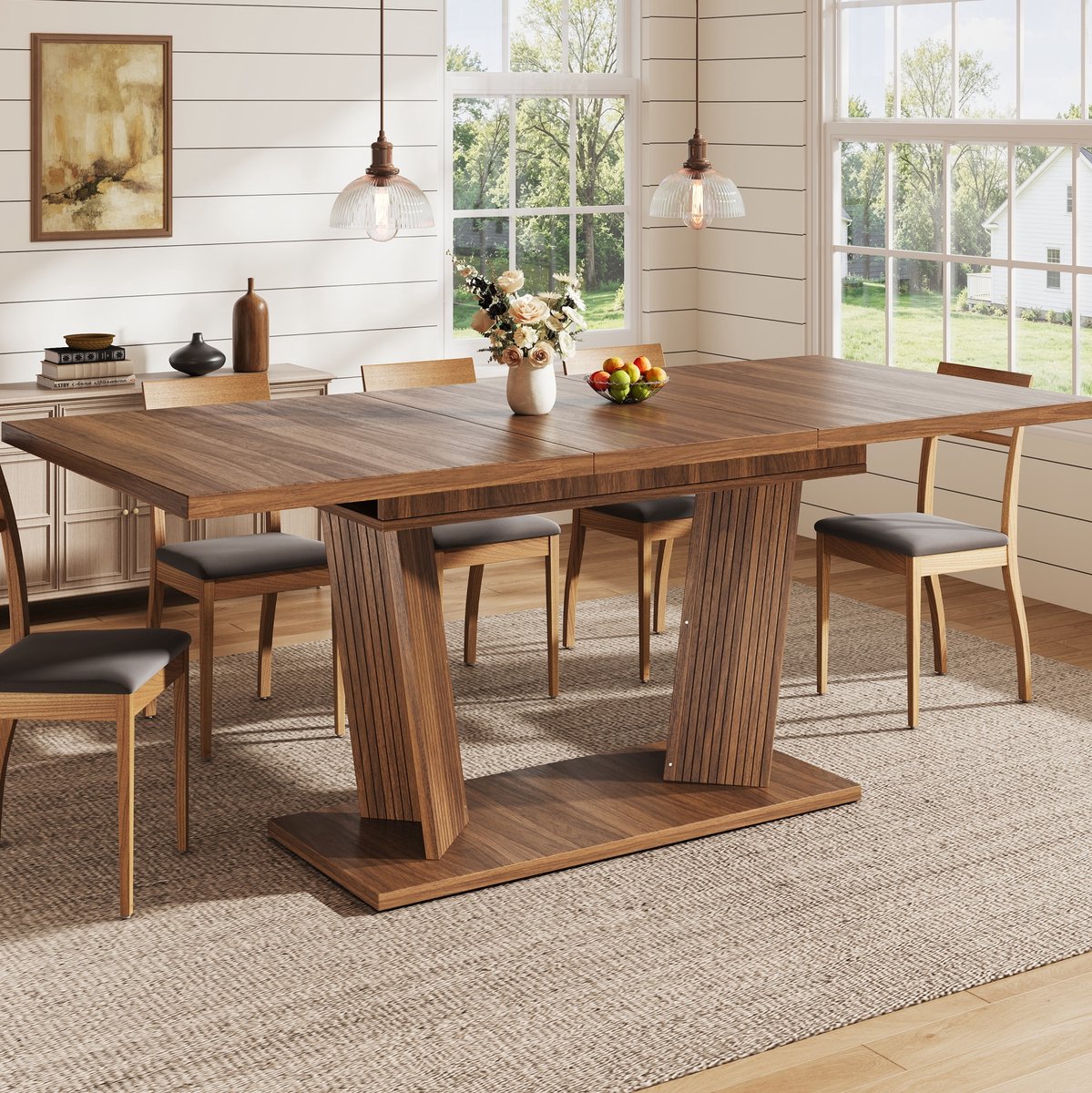 MIVRAY Uittrekbare Eettafel - Moderne Houtlook Met Stabiele Middenvoet En Verstelbare Antislipvoetjes - Donkerbruin - 160x80x76 Cm