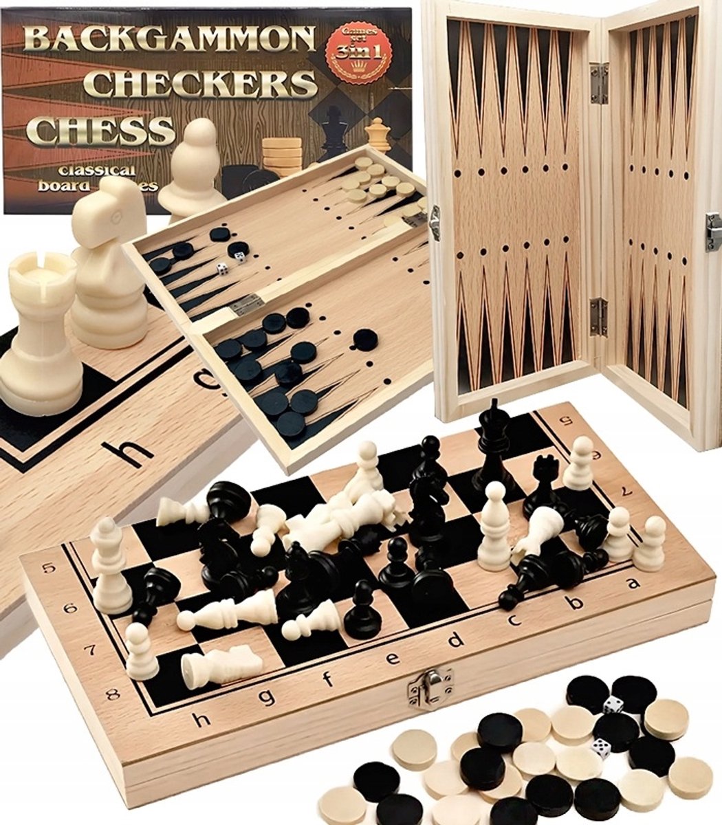 Merkloos Houten 3-in-1 spel: Schaken, Dammen & Backgammon