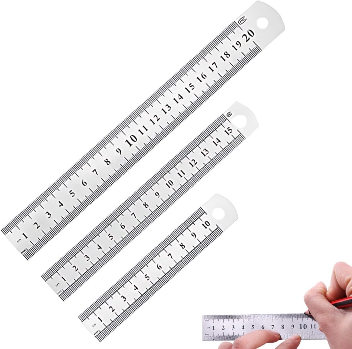 3 stuks liniaal 10 cm 15 cm 20 cm liniaal voor studenten en kantoor, liniaal van roestvrij staal, zilver - ShopVlot