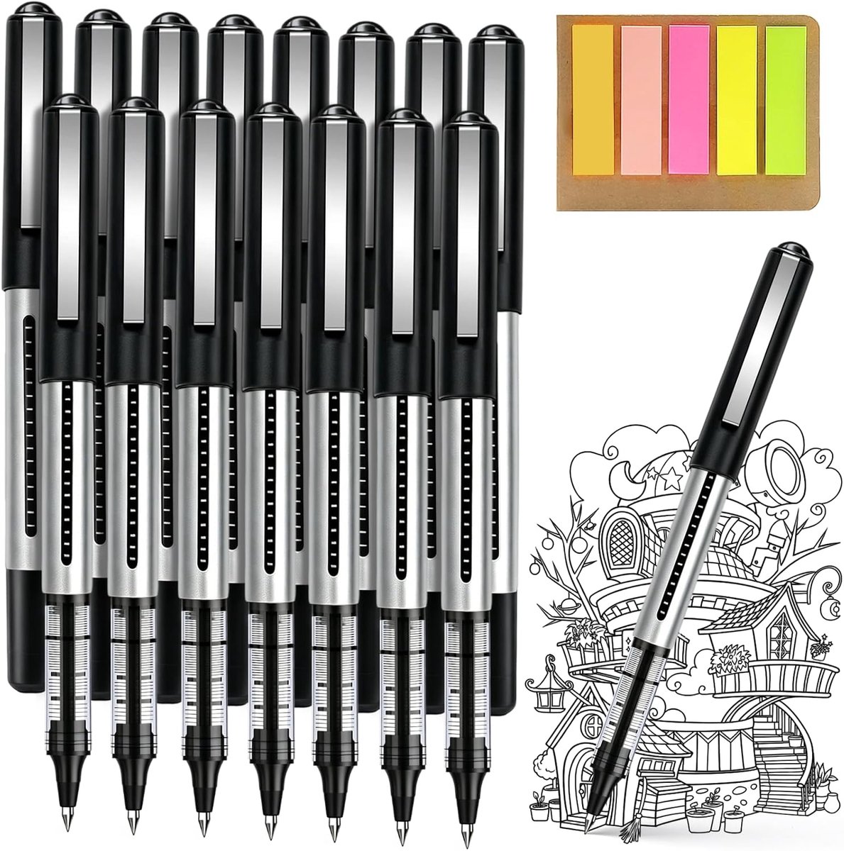 Pack of 15 Rollerball Pen, Gel Pens with Adhesive Notes, Quick Dry Ballpoint Pen, Black Gel Pen, 0.5mm Ink Pen, Liquid - ShopVlot