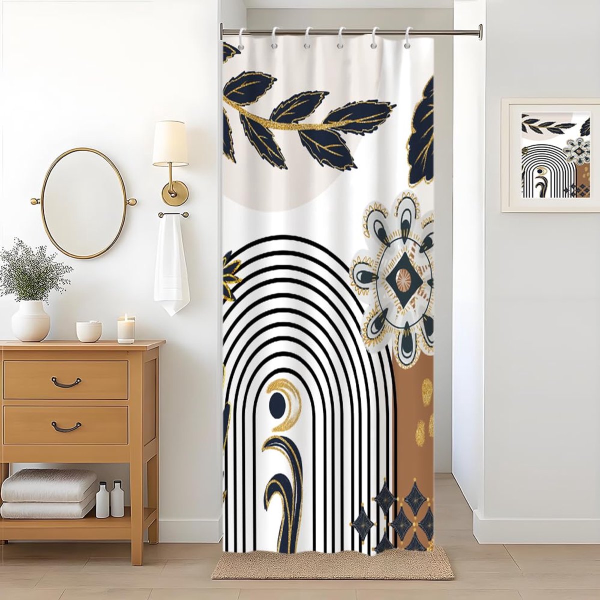 Douchegordijn 90 x 180 cm - abstract boho blauw goud - waterdicht polyester - anti-schimmel en wasbaar - ShopVlot