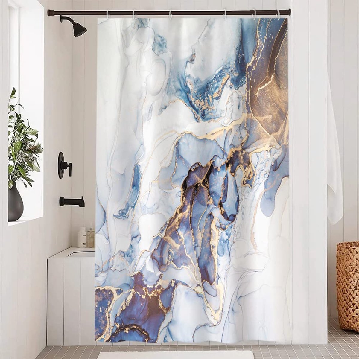 Douchegordijn 150 x 180 cm - marmerlook blauw marine - schimmelwerend en waterdicht - ideaal voor badkamer - ShopVlot