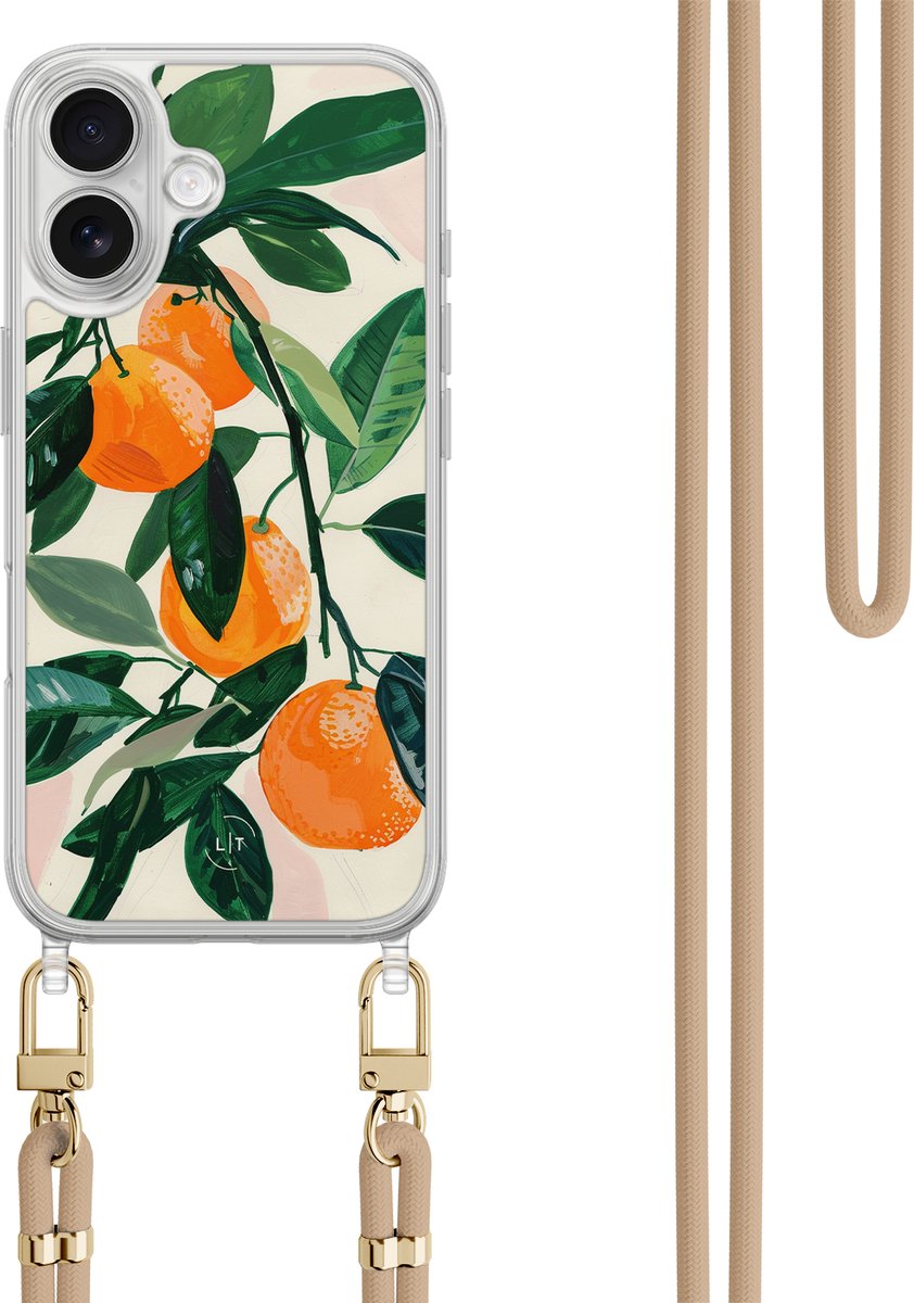 Hoesje met koord - Geschikt voor iPhone 17 - Oranges - Verstelbaar zwart koord - Beige - Print / Illustratie - Leuke Telefoonhoesjes