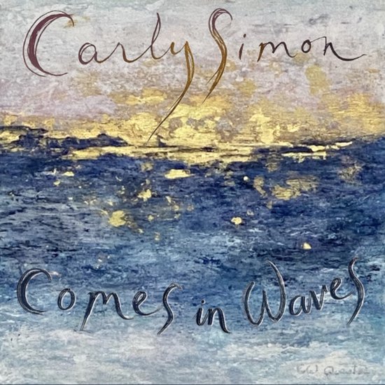 Albumhoes "Comes in Waves" van Carly Simon, met een abstracte weergave van de zee en gouden accenten.