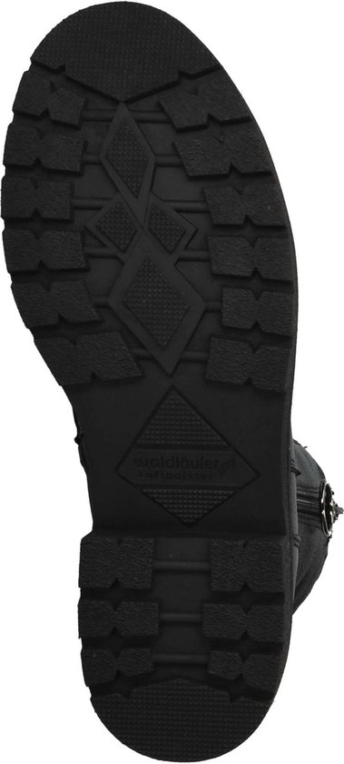 Profielzool van een zwarte veterboot met merknaam 'Waldlaufer'.