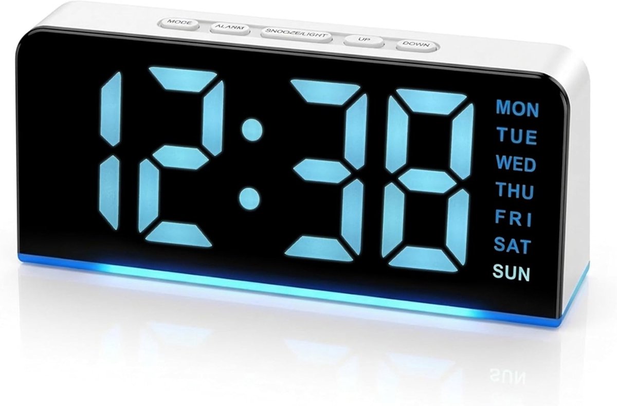 iTOMA Dubbele wekker met snooze-zoemer - wakker worden en 3 wekelijkse modi. IJsblauwe digitale led-klok met dimmer - ShopVlot