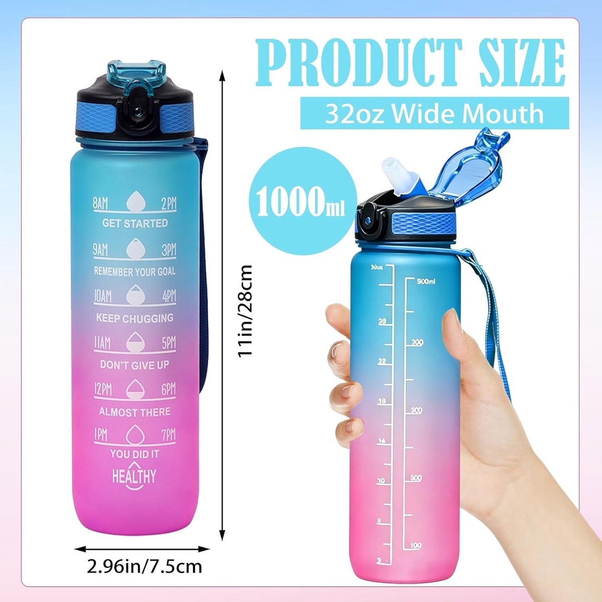 Sportwaterfles - Blauw-Paars - 1 L - Lekvrije Fles met Rietje en Tijdmarkeringen - Voor Sport en Outdooractiviteiten