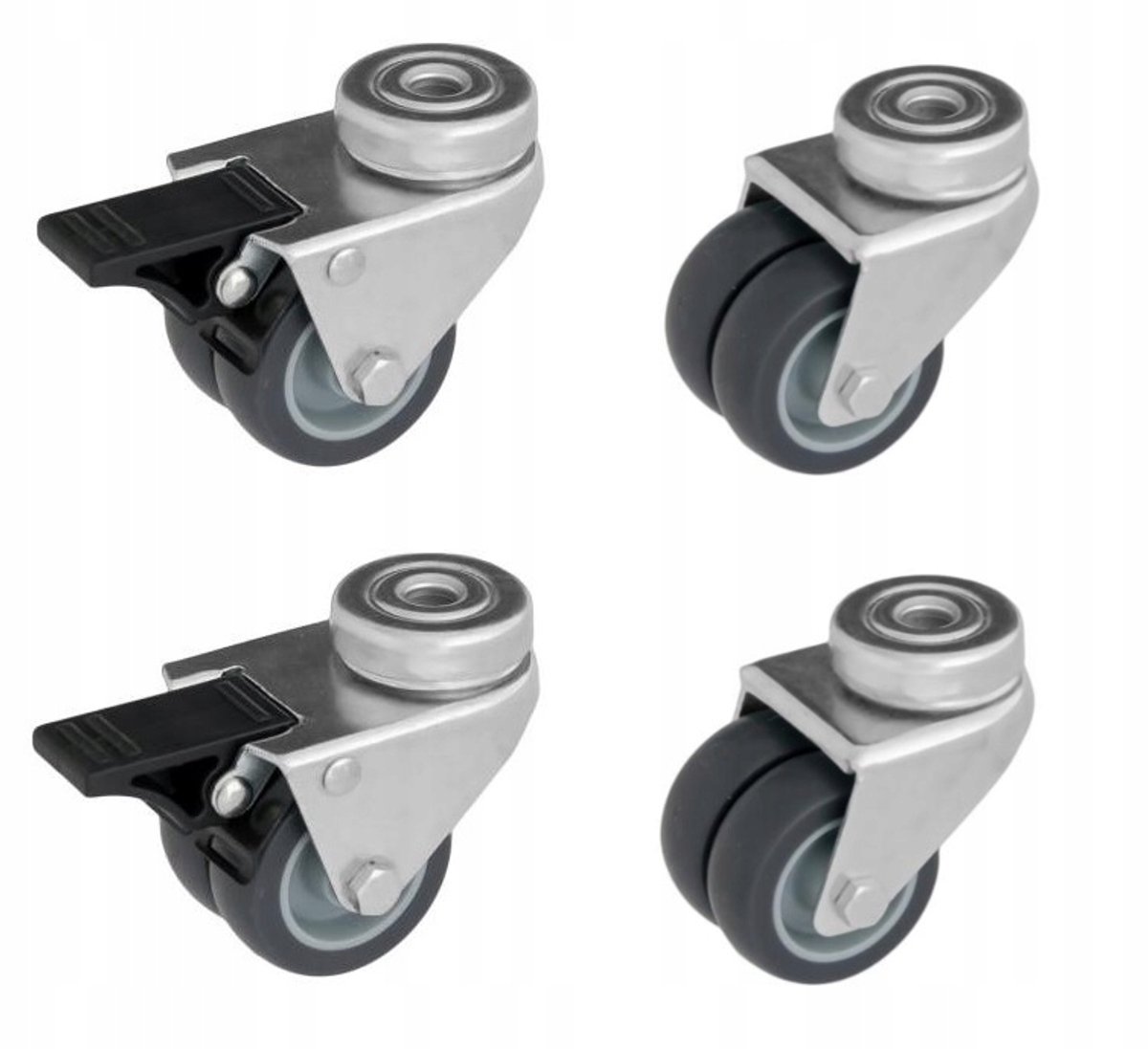 Set van 4 Dubbele Zwenkwielen met Rem, 50mm Diameter, 250kg Capaciteit