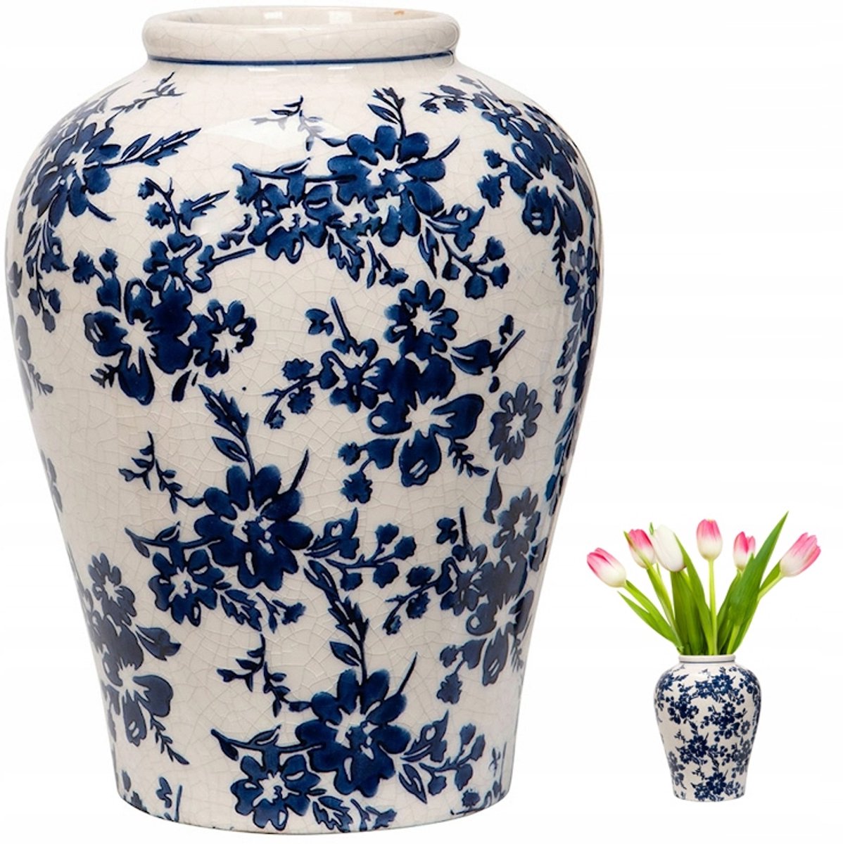 Merloos Keramiek Vaas 22cm - Retro Wit met Blauwe Bloemen