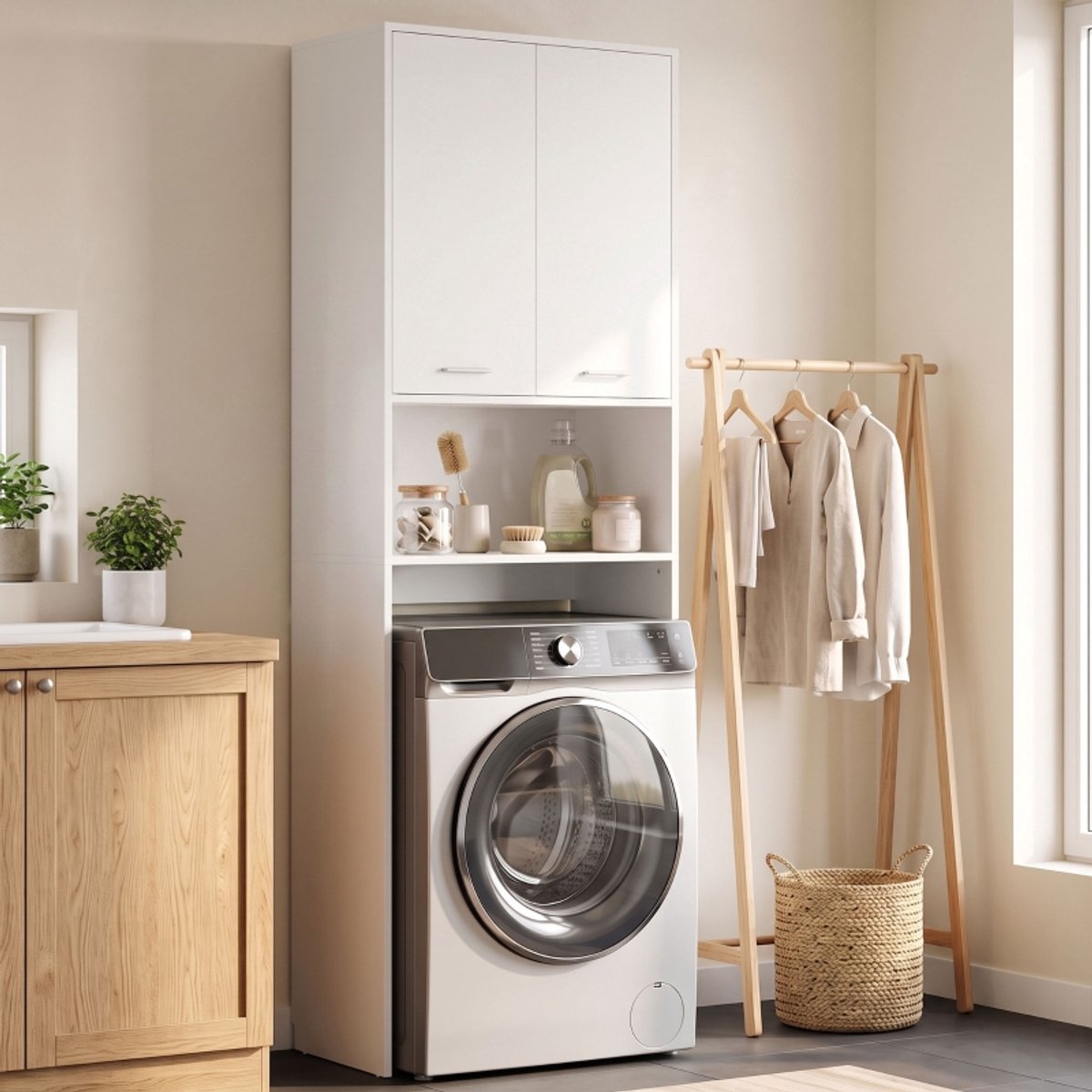 OKWISH Wasmachine Overbouwkast - 2 Deuren En Open Vak - Voor Badkamer En Wasruimte - Wit Hout - 66 Cm X 24 Cm X 191 Cm
