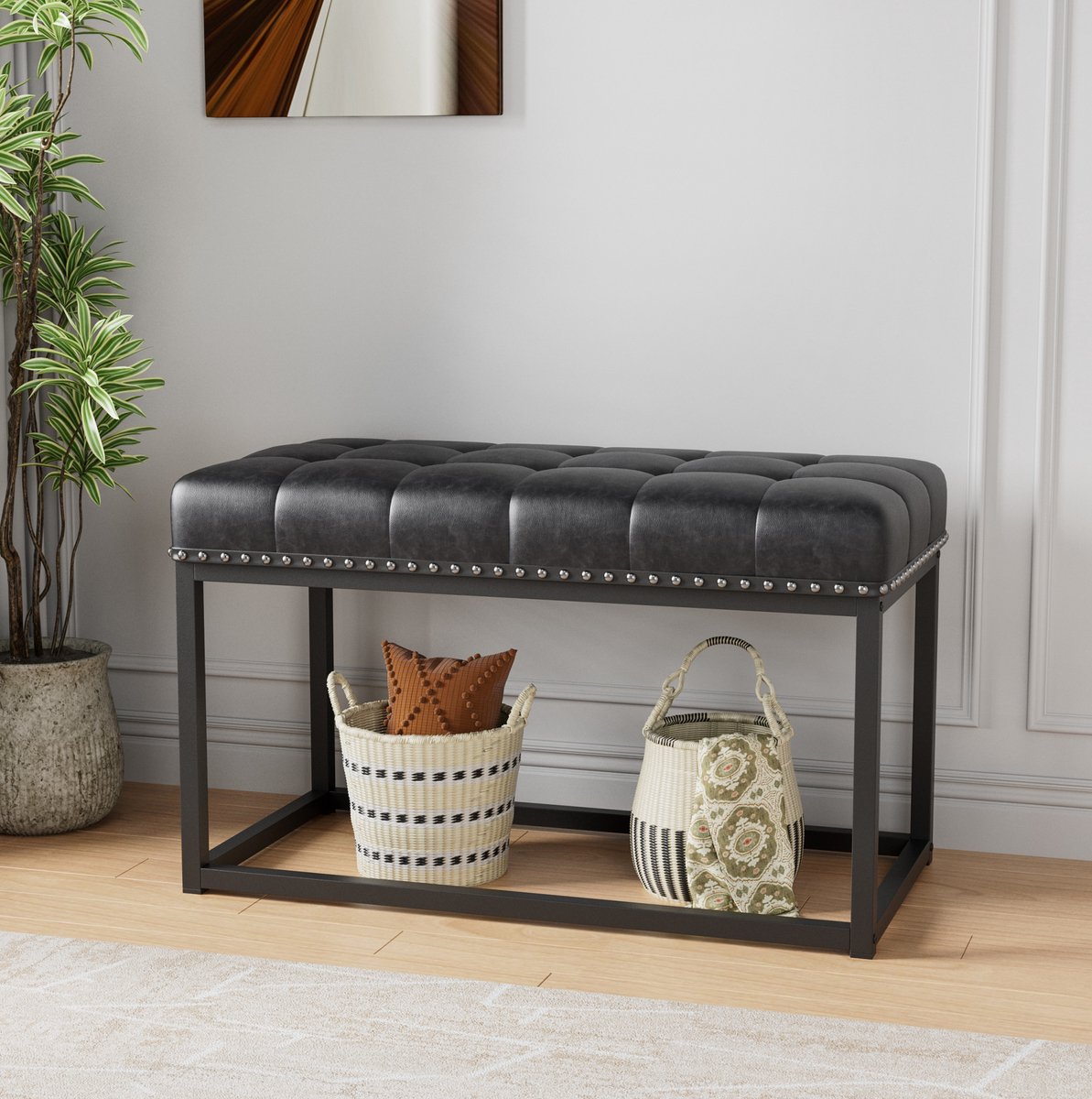 DESMIU Voetenbankje 36 Inch Zwart Kunstleer Metalen Frame Gecapitonneerd Rechthoekig Voor Hal Slaapkamer Woonkamer Bedrand