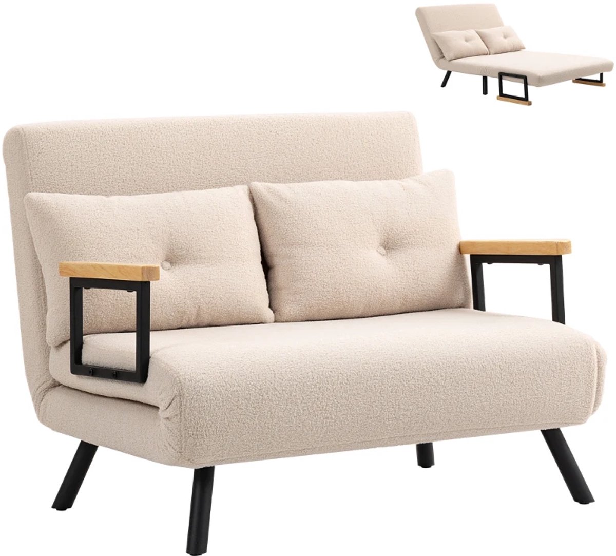 Slaapbank 2-zitsbank - Fluwelen bank met slaapfunctie - Inclusief 2 kussens - Fluwelen look - Naturel, beige en zwart