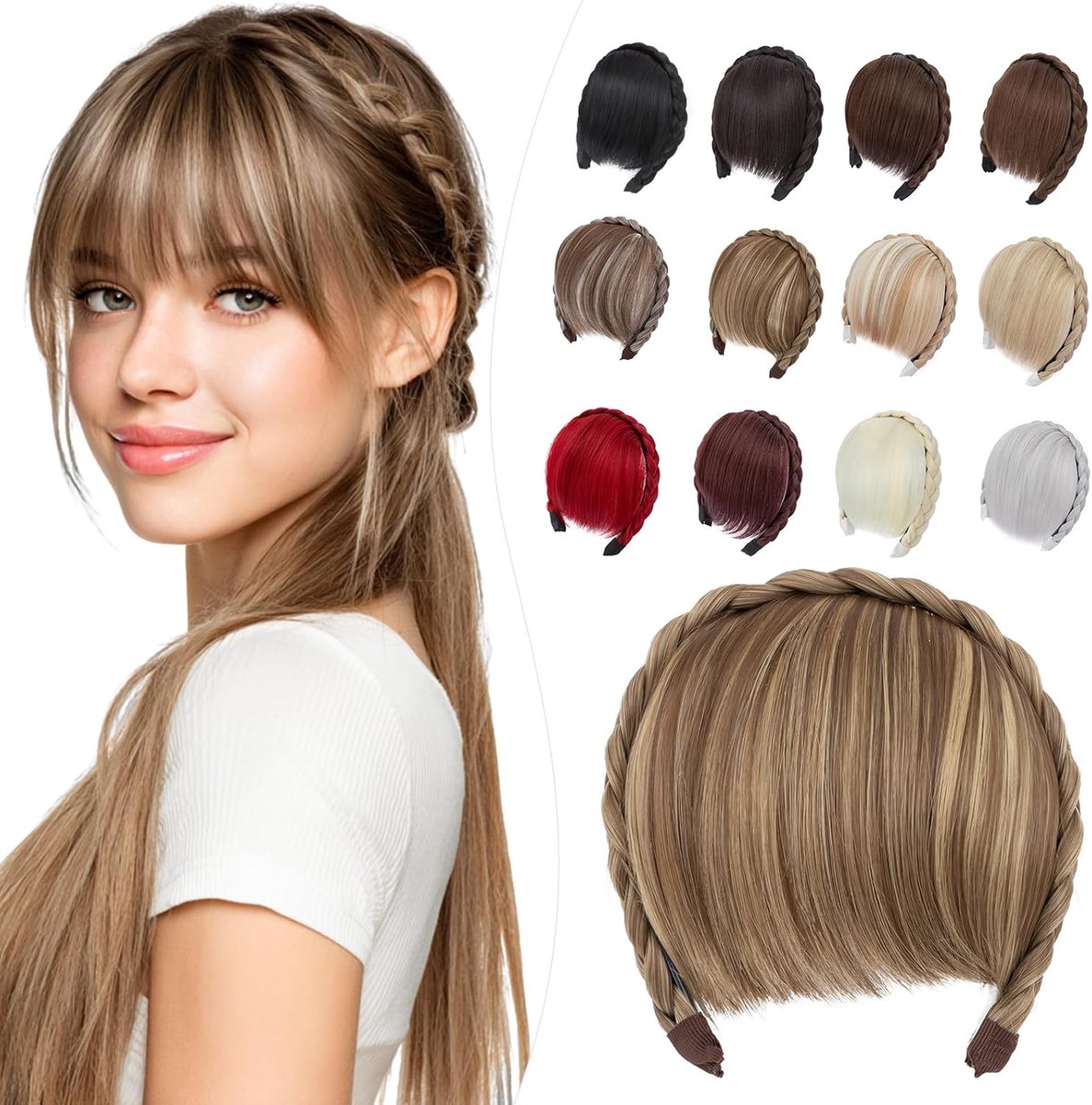 Elailite Bangs Hair Band with Braids Brown/Gold Blonde, Voluminous Fringe Front, 55 g, Hair Extension - ShopVlot