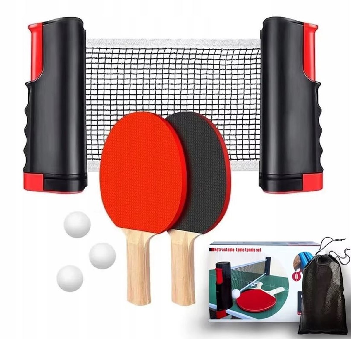 Complete tafeltennisset: 2 batjes, 3 ballen, Uitschuifbaar net & tas