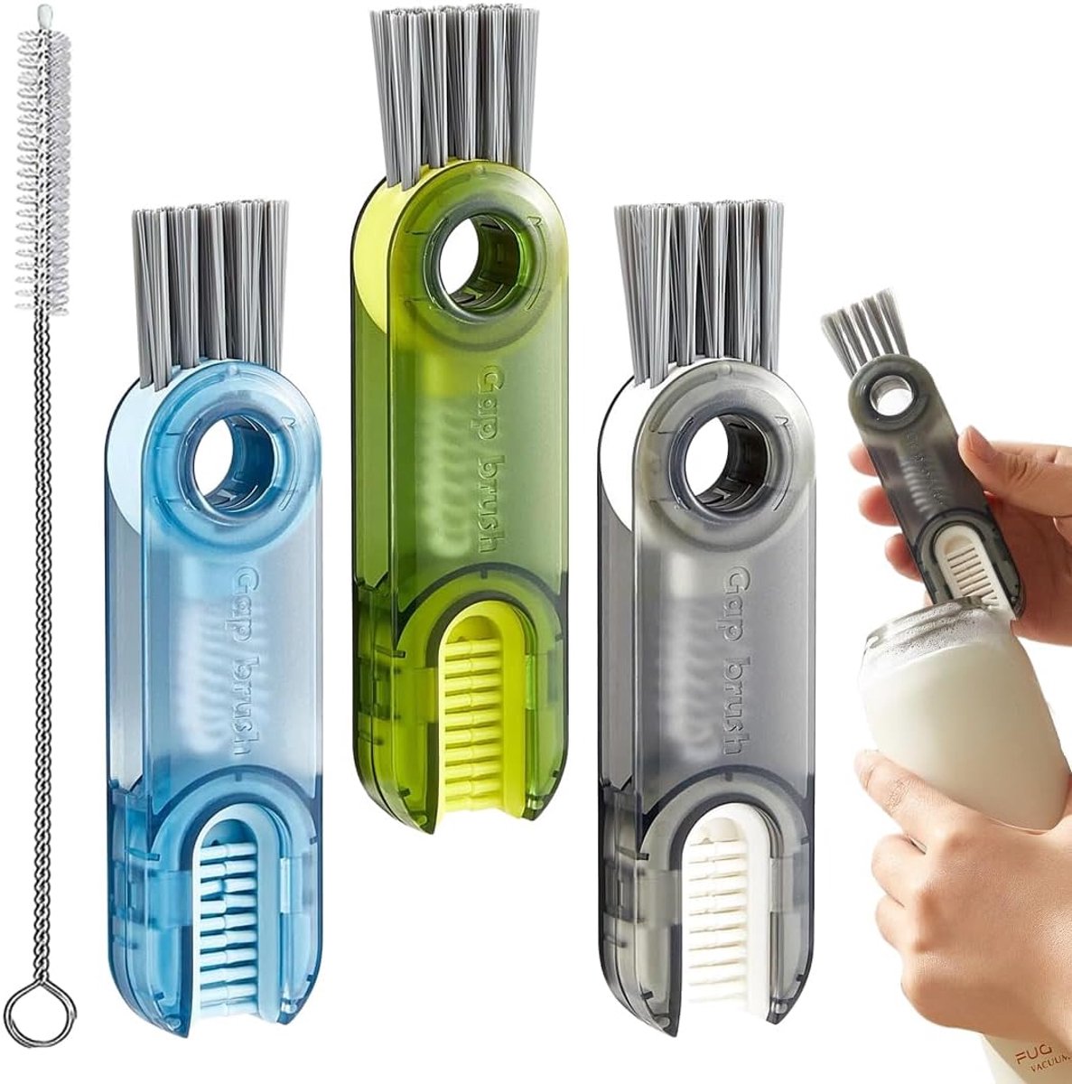 3 x 3-in-1 flessendeksel-reinigingsborstels, reinigingsborstel voor glazen deksels, sleuven, flesreinigingsborstel, U - ShopVlot