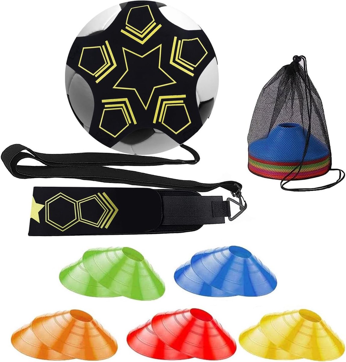 Voetbal Trainingsset - Zwart - Hoedjes voor Slalomtraining - Inclusief Kick Trainer - Voor Volwassenen en Kinderen