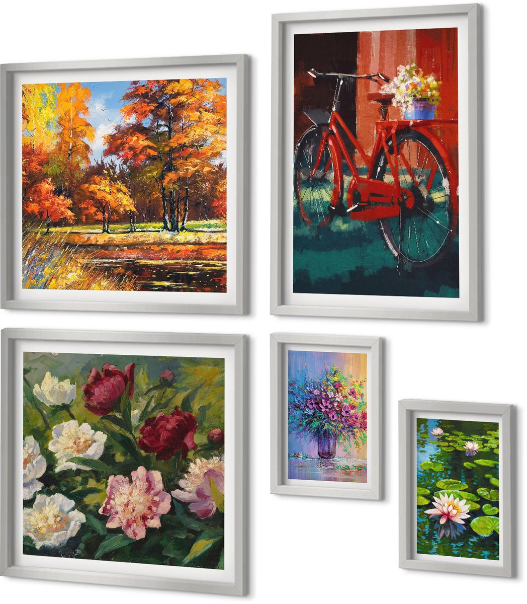 Coloray 5-Delige Schilderij Set - Lelies Op De Waterfiets In De Tuin, Kleurrijke Bloemen - 20 x 30 cm - Moderne Wanddecoratie - Slaapkamer