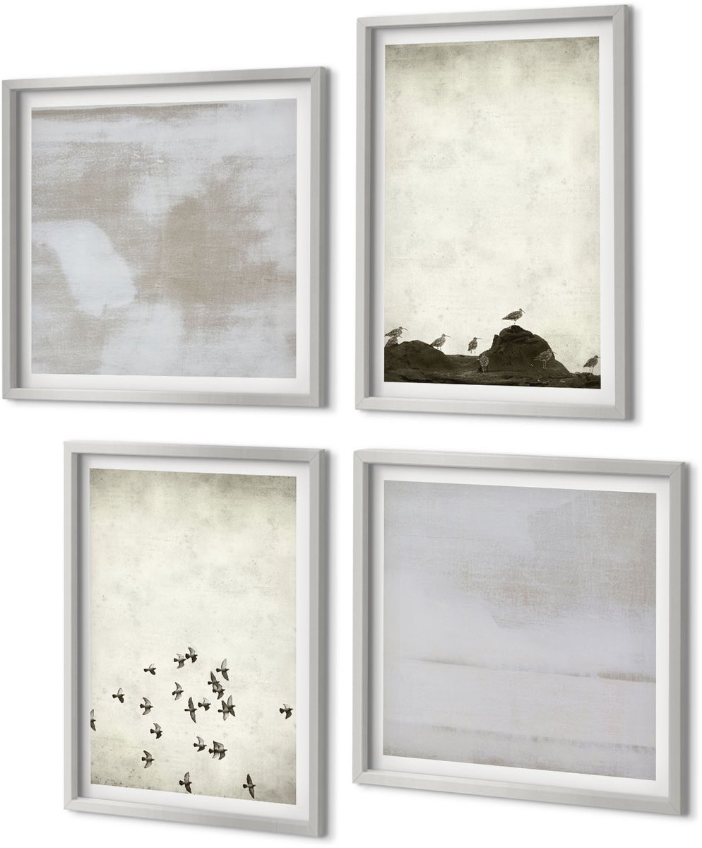 Coloray 4-Delige Schilderij Set - Vogels in vlucht en gekraste texturen in minimalistische stijl - 40 x 40 cm en 40 x 60 cm - Decoratieve Schilderijen - Wanddecoratie - Hal - Moderne Wanddecoratie