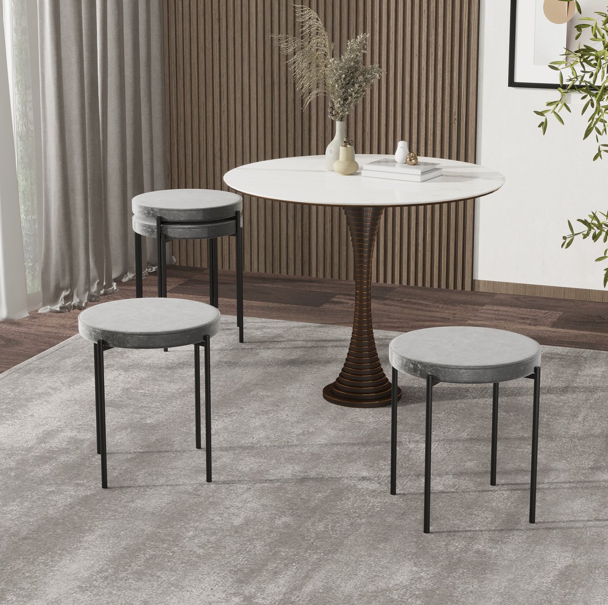 FloraGrace Eetkamerstoel Set Van 4 - Stapelbaar Met Gevoerde Zitting In Samtlook - Voor Keuken En Eetkamer - Metaal - Donkergrijs