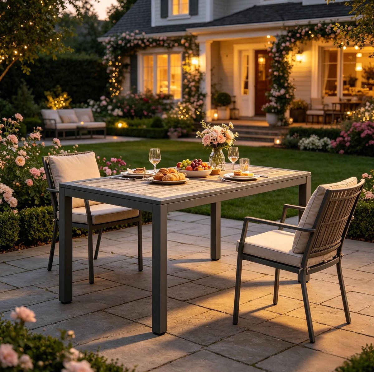 MIVRAY Tuintafel - Rechthoekige Eettafel Voor 4 Tot 6 Personen Met Houtlook Tafelblad - Tuin En Terras - Staal - 140x80x72 Cm - Donkergrijs