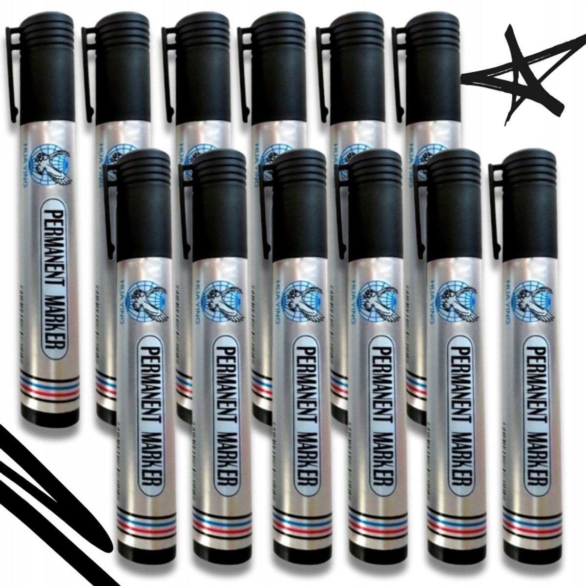 12x Zwarte Permanente Markers - Ronde Punt, Sneldrogend