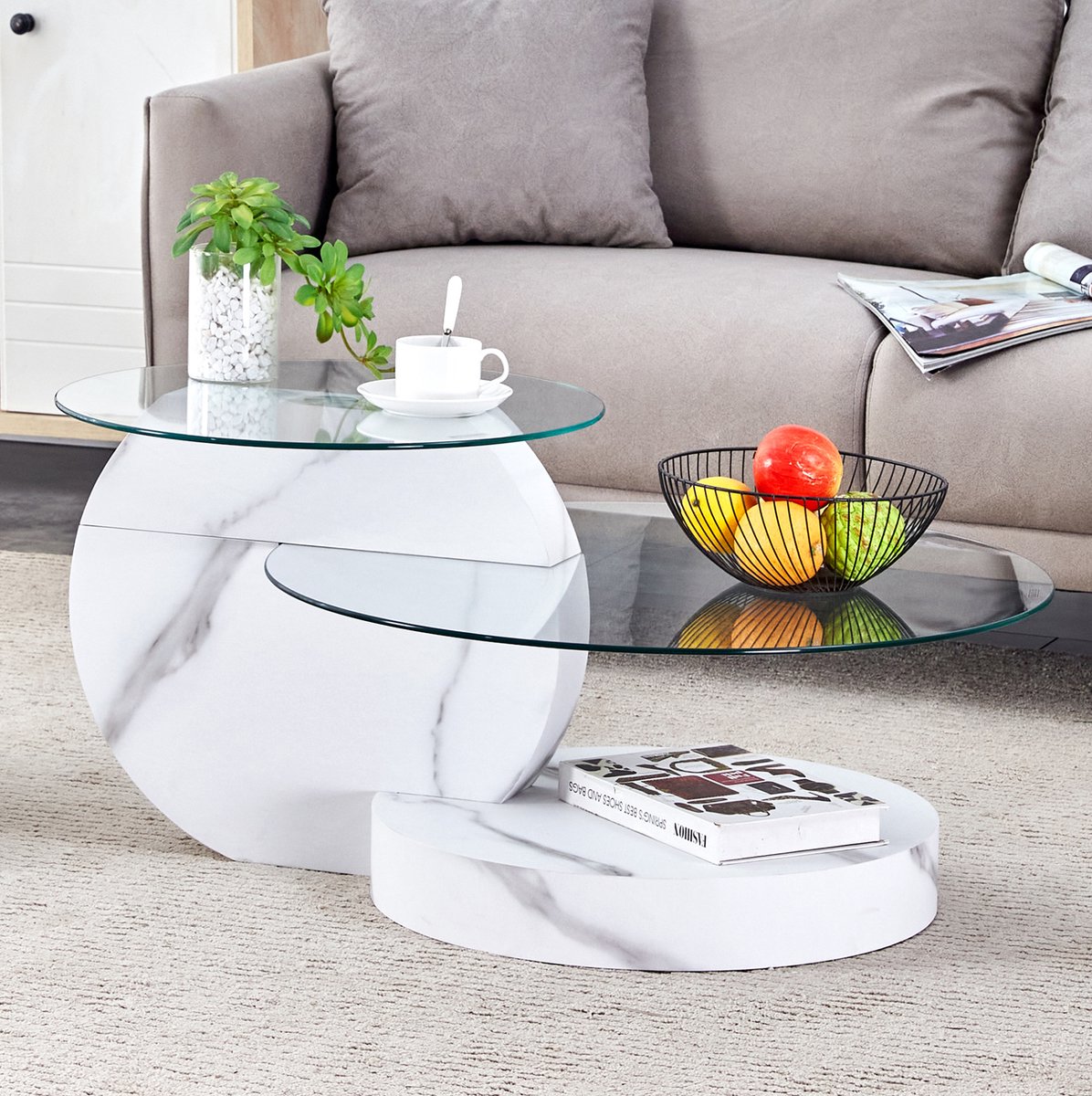 MIVRAY Salontafel - Modern Minimalistisch Design Met Dubbele Veiligheidsglaslagen En Marmerlook - Voor Woonkamer - Wit - Rond
