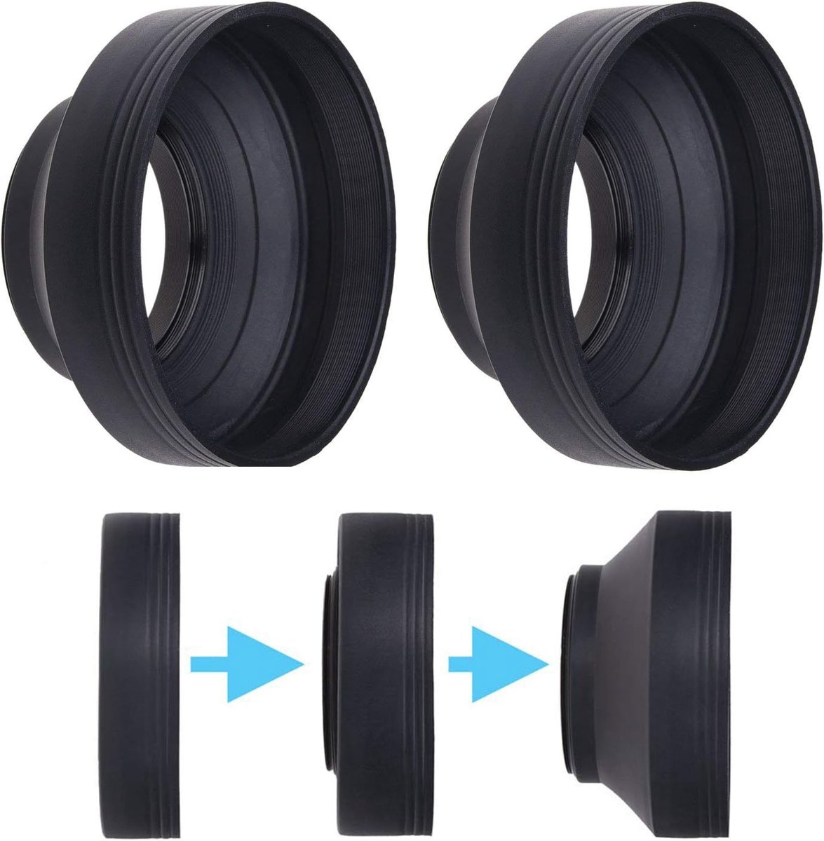 2x Rubberen Zonnekap 52mm - Opvouwbaar in 3 Standen - Anti Flare & Lensbescherming voor DSLR en Mirrorless - Incl. Schoonmaakdoek