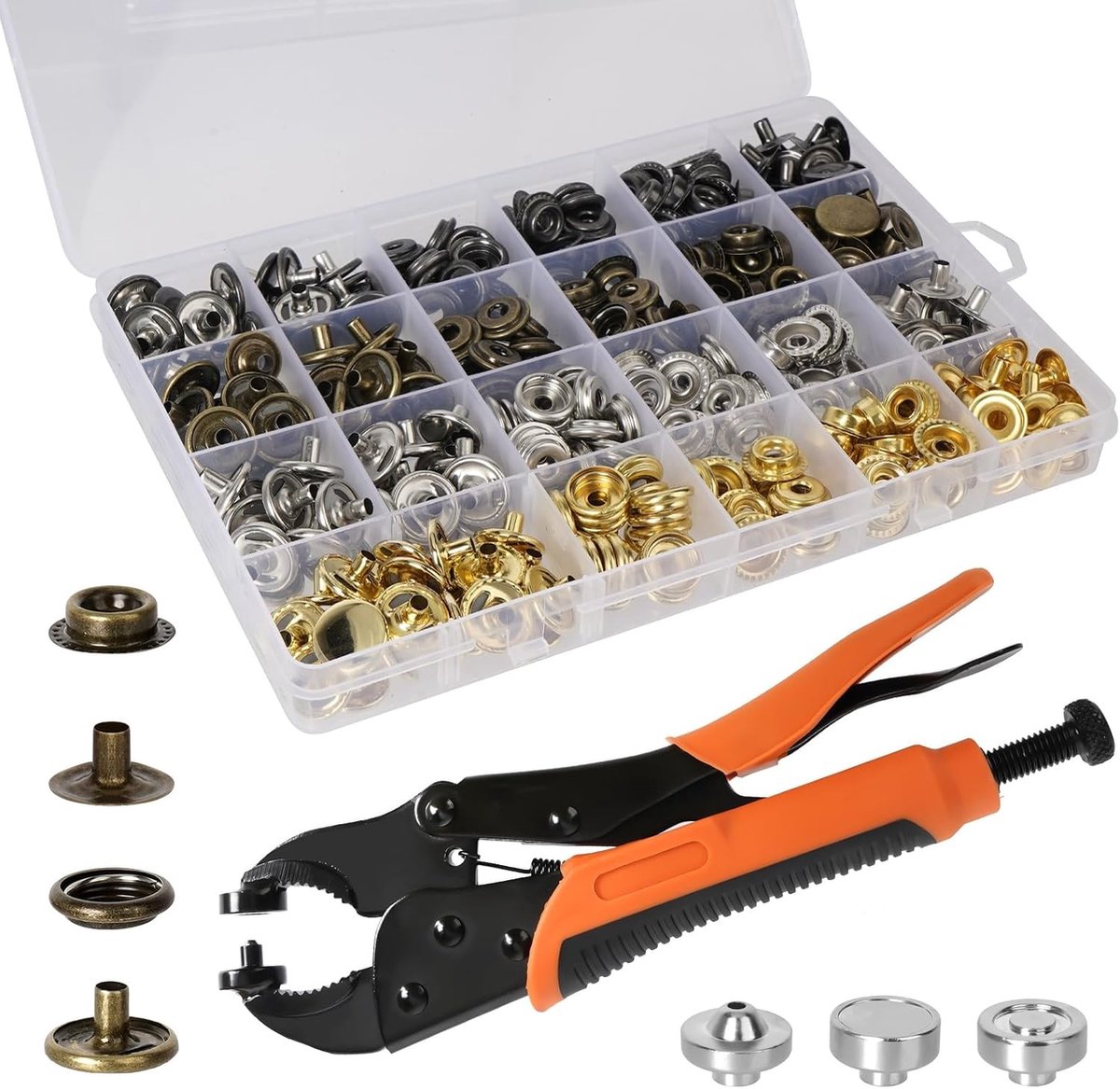 Zeilringen met tang - Goud, Zilver, Brons en Zwart - 15 mm - Metalen Drukknopset met Verstelbaar Gereedschap - Voor Doe-Het-Zelf en Reparatie