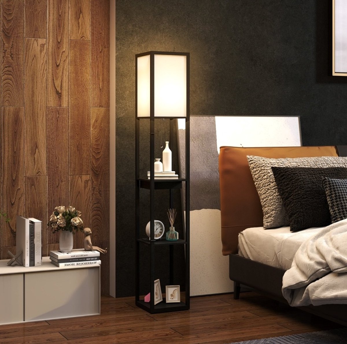 Staande Lamp Met Opbergrek – USB-A En USB-C Oplaadpunten – 26 X 26 X 159 Cm – MDF En Fineer – Zwart Wit – Voor Woonkamer En Slaapkamer