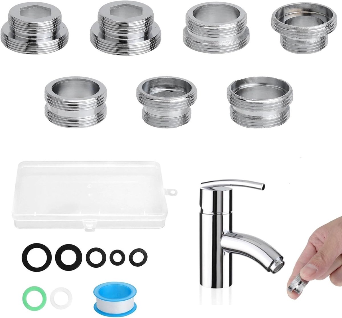 Kraan opzetstuk tuinslang - Messing en RVS - Set van 7 stuks - Universele waterkraanadapters met afdichtingen - Voor tuin, keuken en wasmachine