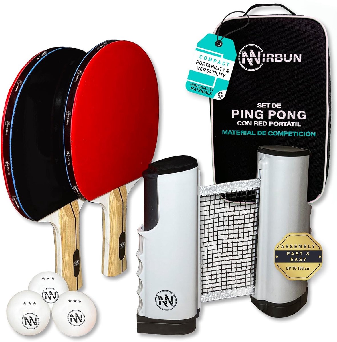 Tafeltennisnetje voor elke tafel - Zwart - Uitschuifbaar Net - Draagbare Pingpongset met 2 Batjes en 3 Ballen - Voor Familie en Vrienden