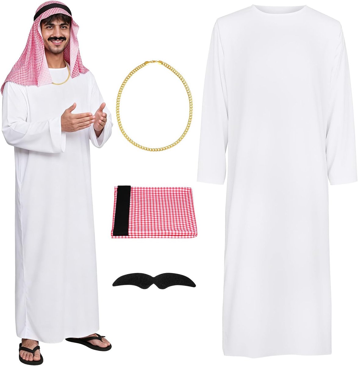 Arabisch kostuum mannen - witte Arabische robe - plaid hoofddoek - perfect voor carnaval - ShopVlot
