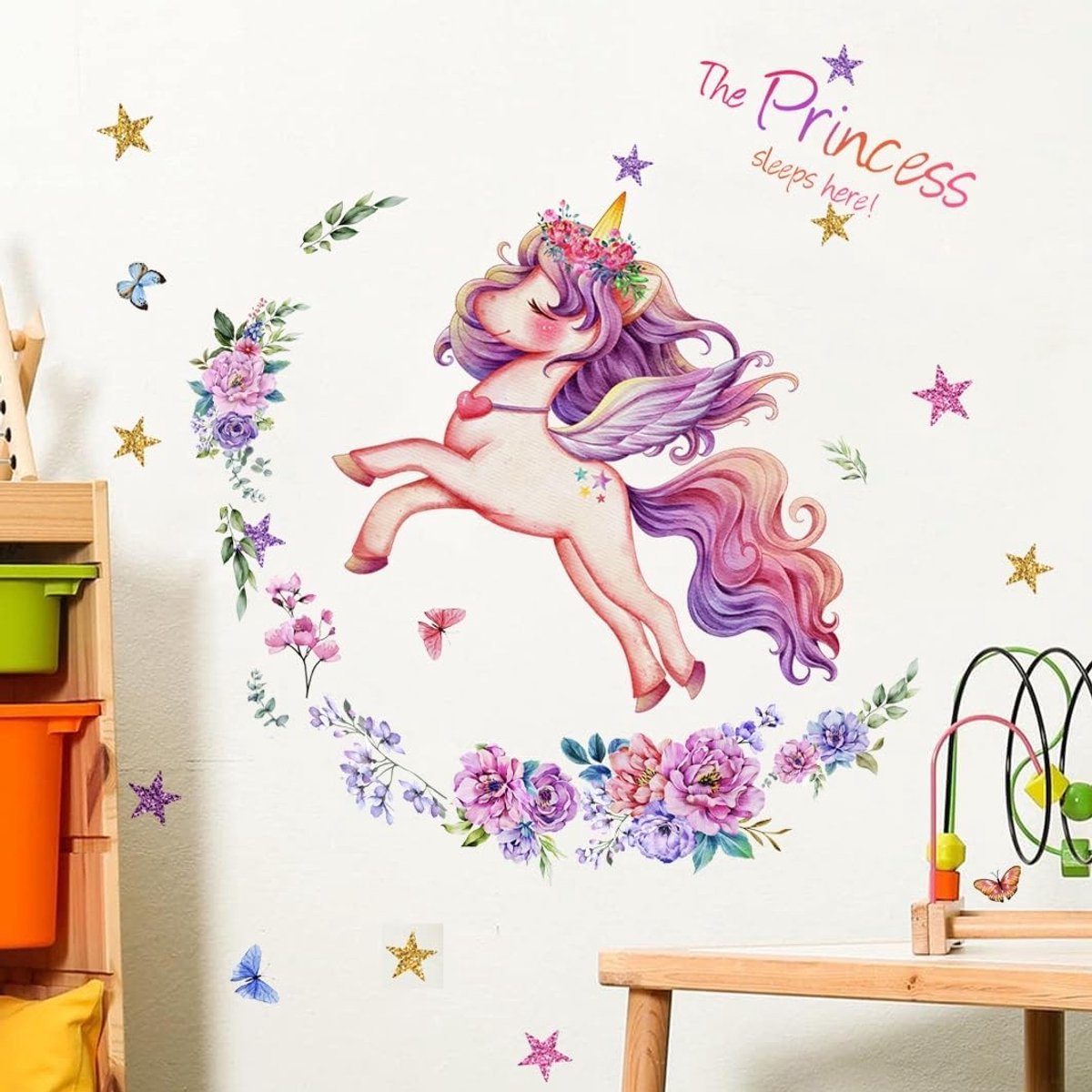 Wandsticker meisjeskamer 72 x 59 cm - eenhoorn prinses - muurdecoratie met bloemen en sterren - ShopVlot