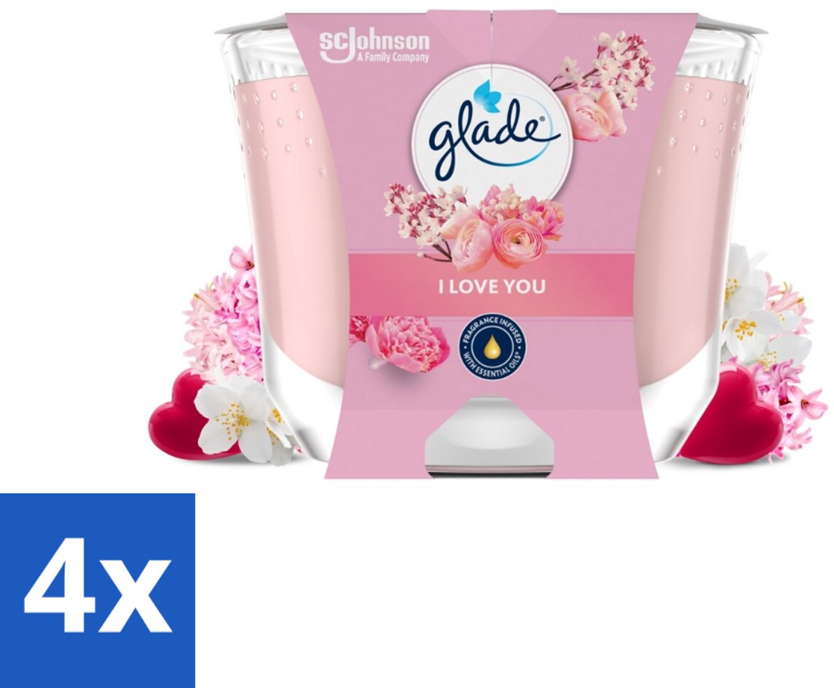4 x Glade - Geurkaars I Love You - 100% Raapzaadwas - 204 g - Geurkaars - Romantische Geur - Bloemen Geur - Perzik Geur - Meloen Geur