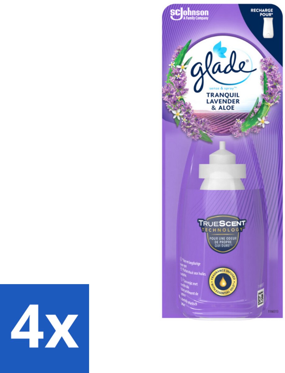 4 x Glade - Sense & Spray Navulling - Tranquil Lavender & Aloë - 18 ml - Glade Sense & Spray - Lavendel Geur - Aloë Vera Geur - Luchtverfrisher - Geurspuit