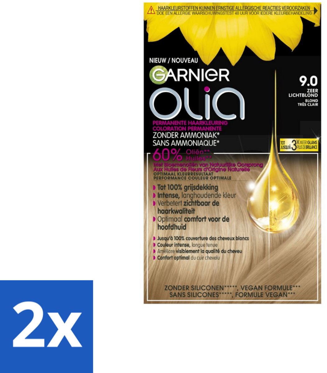2 x Garnier - Olia 9 - Haarkleuring - Zeer Lichtblond - Zonder Ammoniak - Intense Langhoudende Kleur - Permanente Haarkleuring - Haarkleur - Olia - Garnier - Blond