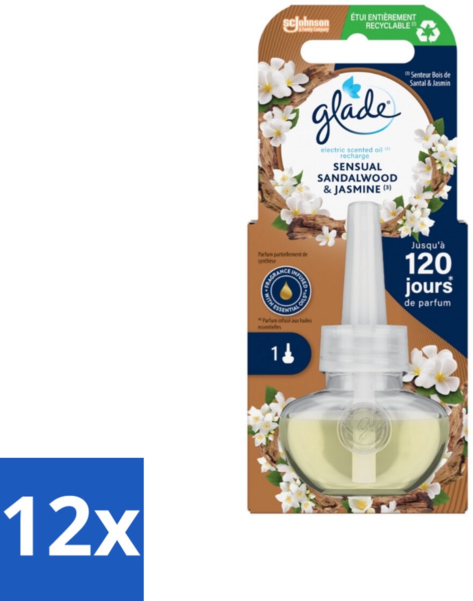 Glade - Navulling Elektrische Olie - Sensual Sandelhout Jasmijn - 20 ml - Voordeelverpakking - 12 stuks