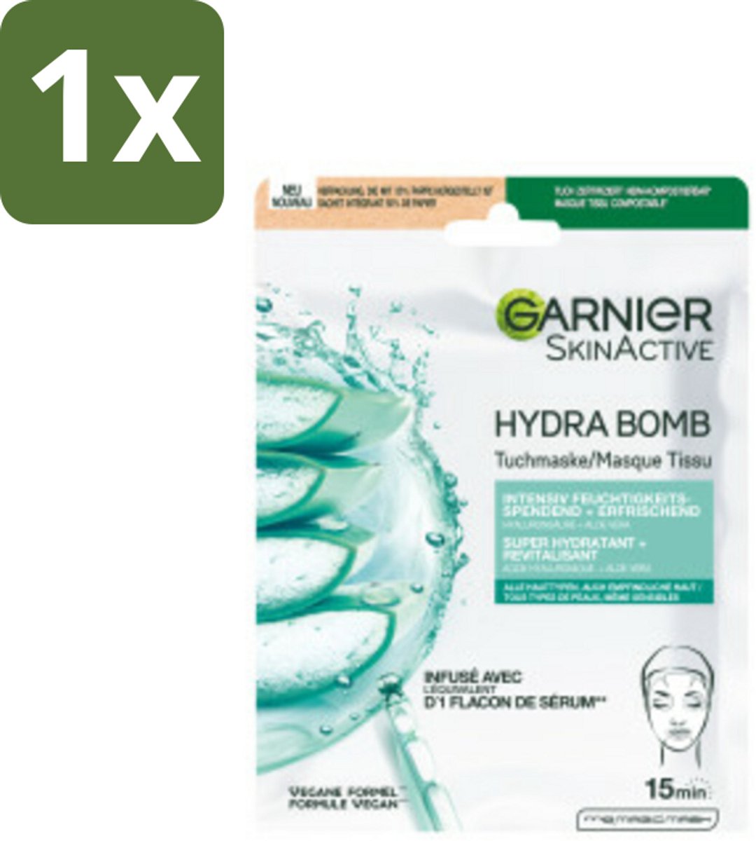 1 x Garnier - SkinActive - Hydrabomb Tissue Masker - Hyaluronzuur & Aloe Vera - Super Hydraterend - 1 Gezichtsmasker - Hyaluronzuur Masker - Aloe Vera Masker - Gezichtsmasker - Hydratierende Masker - Super Hydraterend Masker
