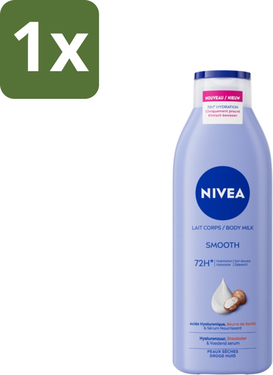 1 x Nivea - Smooth Body Milk - Sheaboter - 72 uur Hydratatie - Voor Droge Huid - 250 ml - Hydratatie - Droge Huid - Bodymilk - Sheaboter - Hyaluronzuur